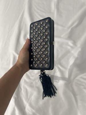 DKNY Cell Phone Belt Bag Holder Gold Tone Spell Out Black Faux Leather Case
