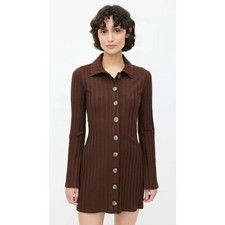 Reformation Large Benton Rib Knit Button Up Dress Brown Collared Minimalist