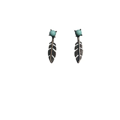 Antique Bronze Feather Earrings Faux Turquoise Ball Dangle Lightweight Boho Gift - Picture 4 of 5