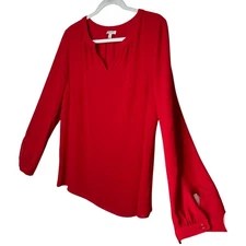 Talbots Red Long Sleeve Button Cuff Shirred Back Cut V Neck Tunic Blouse Medium