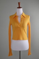 HELMUT LANG 295 Ribbed Solid Orange Cropped Collared Pullover Top Size Small