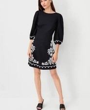 NWT Ann Taylor Embroidered Linen Blend Black and White Balloon Sleeve Dress 00P