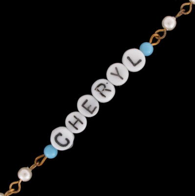 Cheryl - Blue Glass Faux Pearl Name Link Bracelet - Circa 1950-60