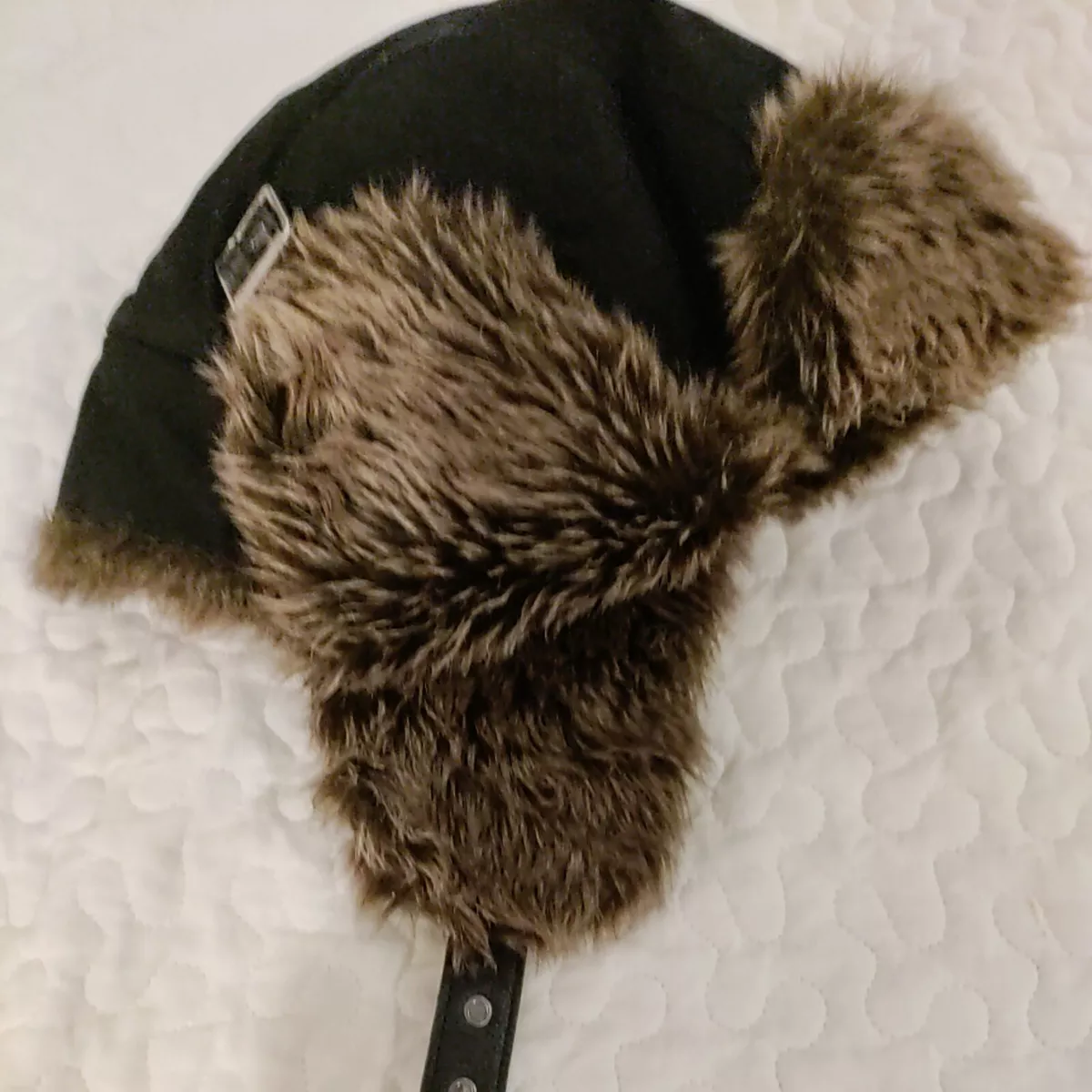 Womens H M Black Faux Fur Trim Quilted Lined Winter Hat Ear Flaps