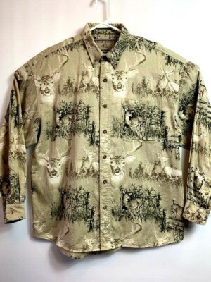 BIT & BRIDLE Men s LARGE 100% Cotton Button Down Long Sleeve Deer Print Shirt