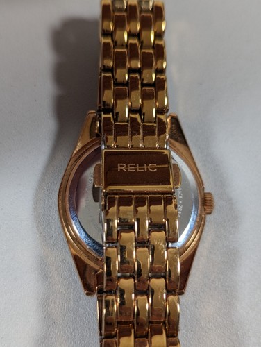 Relic Pearlized Dial Crystal Accent Round Gold Tone Case Stainless Steel Watch - Picture 5 of 6
