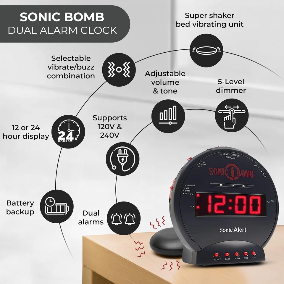 Sonic Bomb Reloj Despertador Doble Extra Fuerte con Agitador de Cama, Negro | Vibrador, Pesado Foto 4 de 4