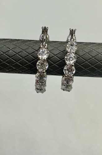 Sterling Silver CZ Inside Out Round Hoop Earrings - Picture 7 of 9