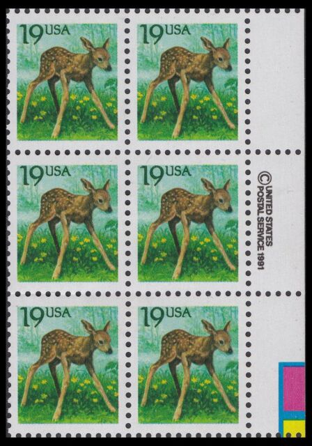 US 2479 Fawn 19c copyright block R (6 stamps) MNH 1991