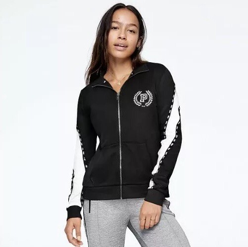 Vs Victorias Secret Pink Mock Neck Track Full Zip Sweater Jacket Top Black XS
