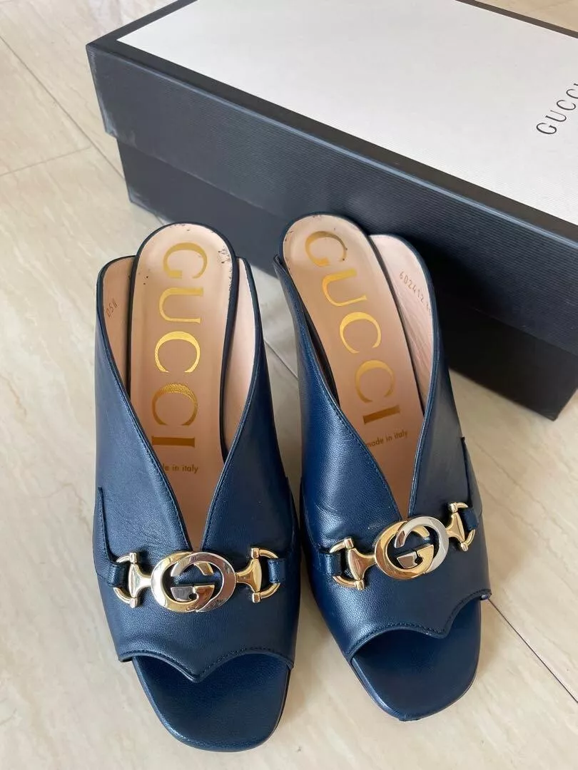 Sandales à talons mules escarpins femme GUCCI GG logo Horsebit pointure EU 36 bleu marine