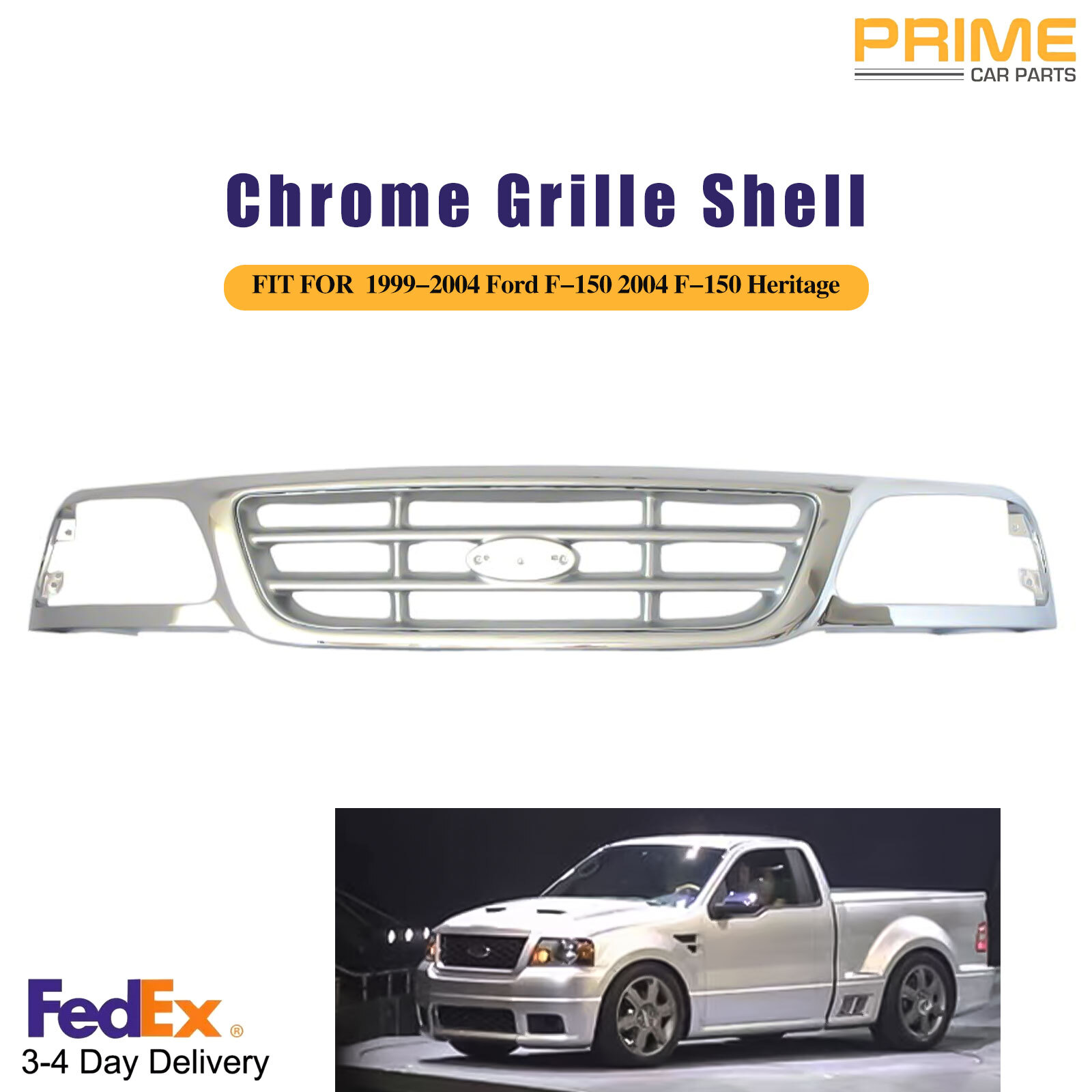 Chrome Shell  Grille W/ Paintable Insert For 99-04 Ford F-150,04 F-150 Heritage