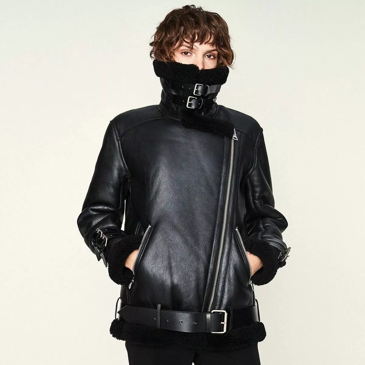 Women's Genuine Lambskin Leather Faux Fur Lined Jacket Black