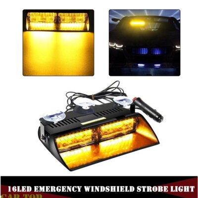 Amber 16LED Emergency Dash Car Vehicle Windshield Warning Flash Strobe Light 12V