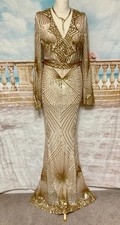 Maxi Evening Dress 8 Cream Gol Sequin Fishtail Quiz Art Deco Gatsby 1920's