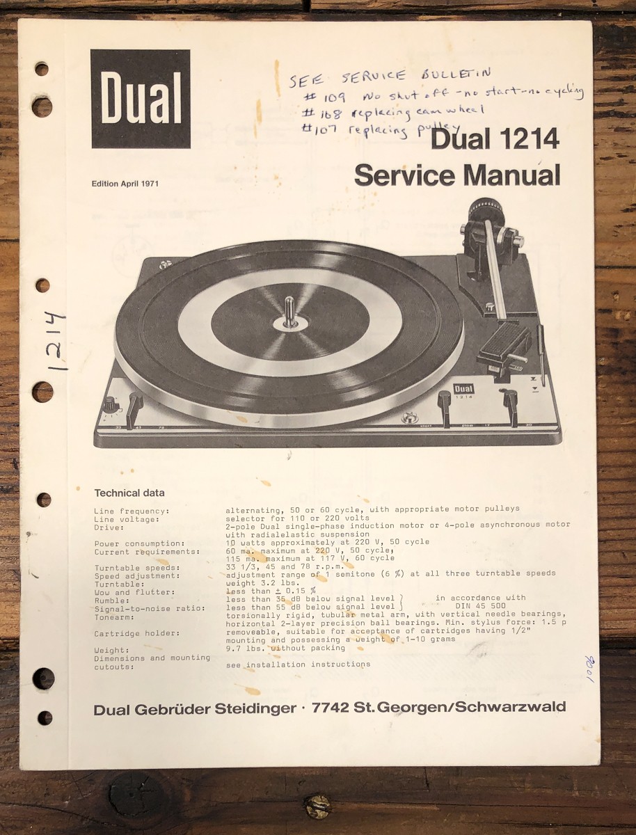 Dual Model 1214 Record Player / Turntable Service Manual *Original*