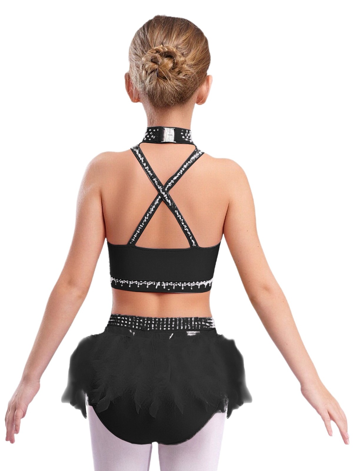 EE. UU. Niñas Espalda Cruzada Estrás Falda Corta Pluma Ballet Latino Baile Disfraz