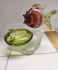 Mid Century Modern, MCM Murano Glass Blow Fish Ashtray On A wave Red,White,Green