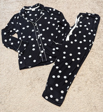 Soma Pajama Set Womens Sz S Black White Polka Dot Button up 2 Piece Sleepwear PJ