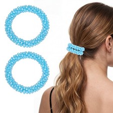 2Pcs Rhinestone Hair Scrunchies, Crystal Ties Elastic Holders, Gel Blue