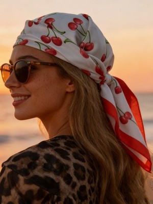 Red Cherry Print 70cm Silk Square Scarf Bandana Headband For Women