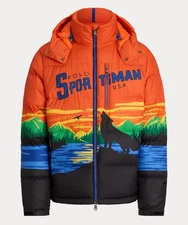 NWT Polo Ralph Lauren Orange GORHAM POLO SPORTSMAN Graphic Down Puffer Jacket