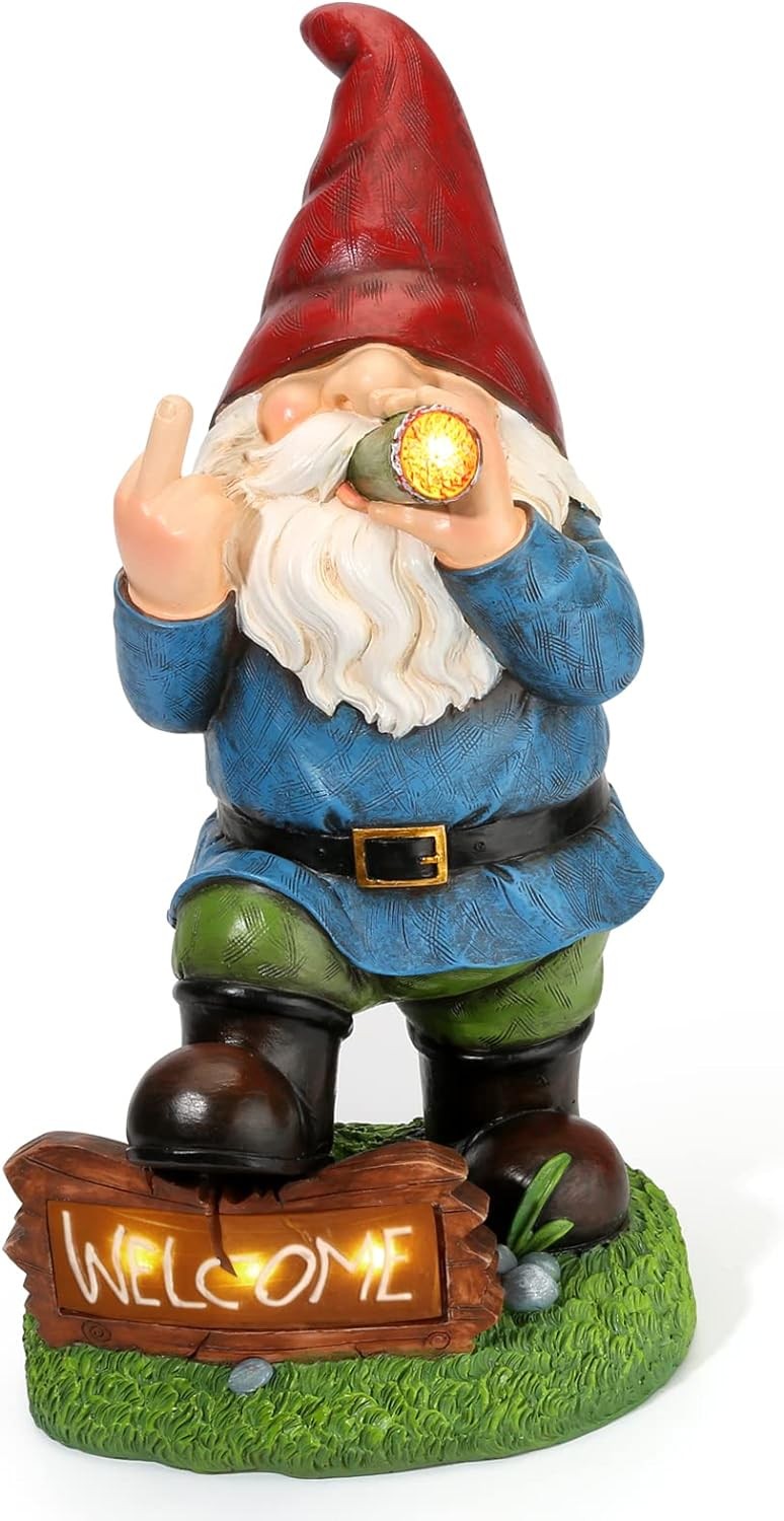 Solar-Powered 13.5 Inch Funny Resin Gnome Garden Decor - Inappropriate Gift Idea