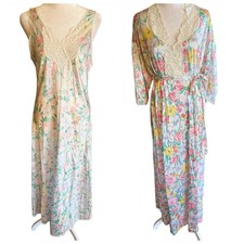 Vintage Vanity Fair Floral Print Nylon Long Nightgown And Robe Set S