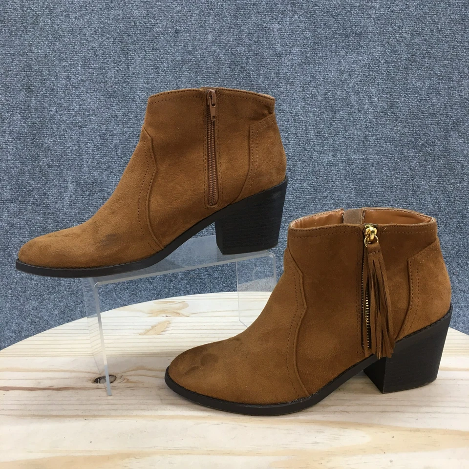 Botas Soda para mujer 9 botines al tobillo marrón imitación cuero cremallera lateral bloque tacones borla Foto 2 de 4