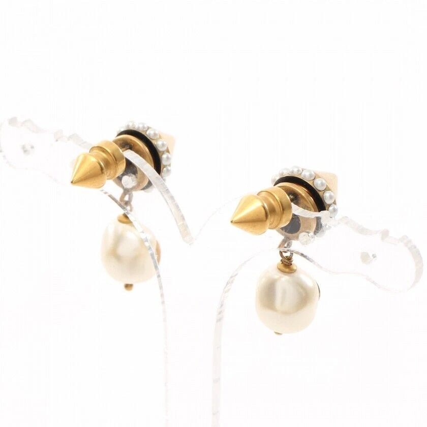 GUCCI Interlocking G Earrings GP Pearl Gold Off White Studs Ladies