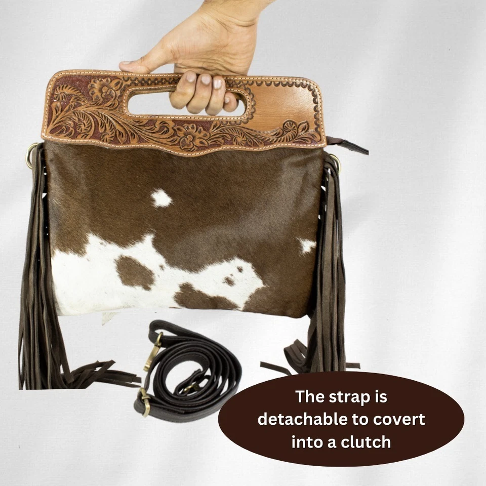 Leather Hand-Tooled Hair-on Fringe Bag with with Free Gift, Bifold Black Wallet - Image 4 of 4