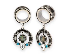 Pair of 316L Stainless Steel Plugs with Ornate Dangle tunnels dangling