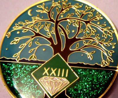 Narcotics Anonymous NA Tree Green sparkel 23 Year  Medallion Gold Black