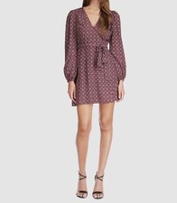 $165 Michael Kors Women's Red Fouldard Printed Self-Tie Wrap Dress Size L