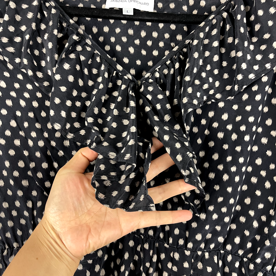 Amanda Uprichard Silk Mini Dress Large Black Polka Dot Elastic Waist
