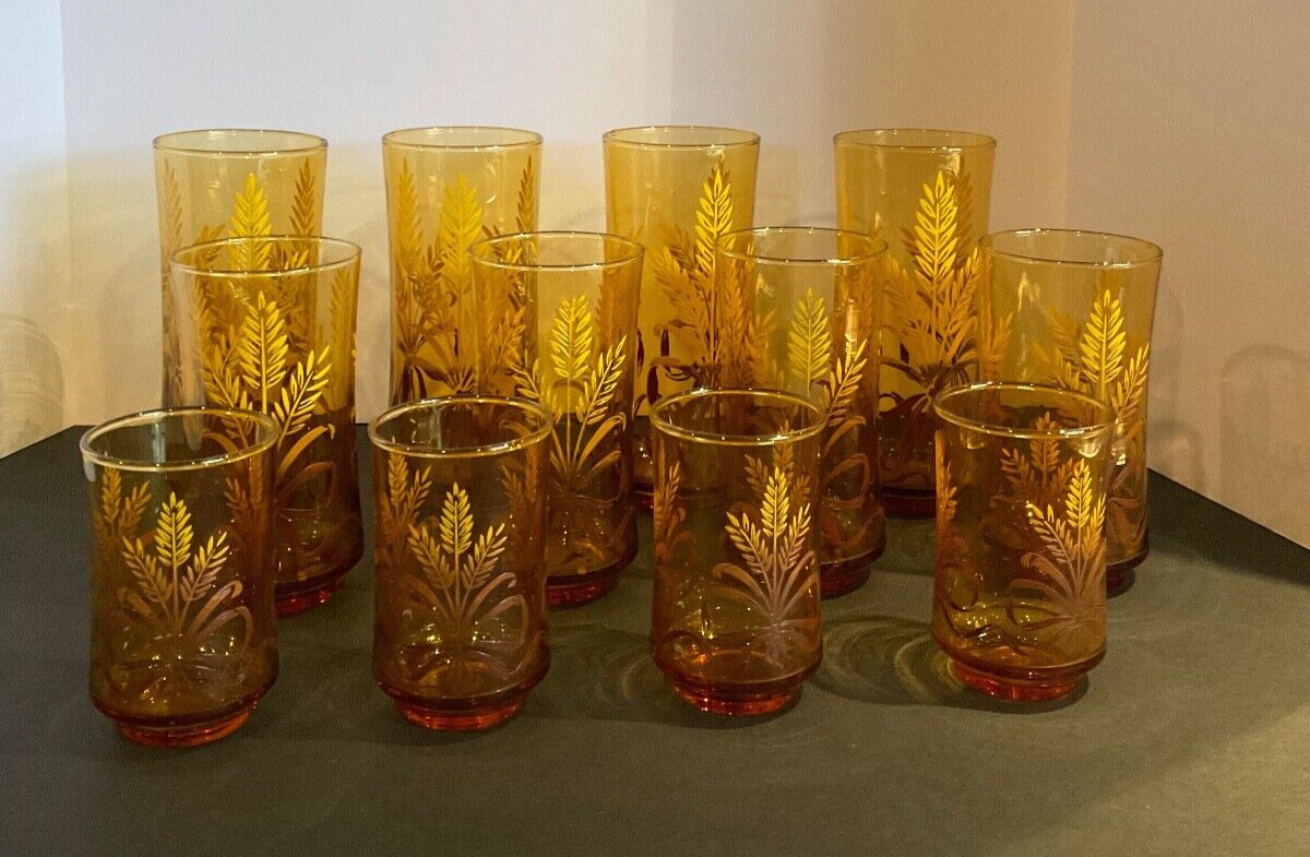 VTG Libbey Wheat Amber Colored Drinking Glasses Sets of 4 Total of 12