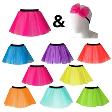 Girls NEON TUTU and HAIR BOW 80s costume DANCE COSTUME STAGE fancy dress UK MADE