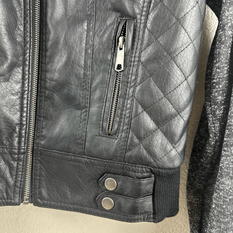 Полный наклон женщин M кожаная панель куртка с капюшоном черный серый гранж Moto панк острый - Изображение 4 из 4
