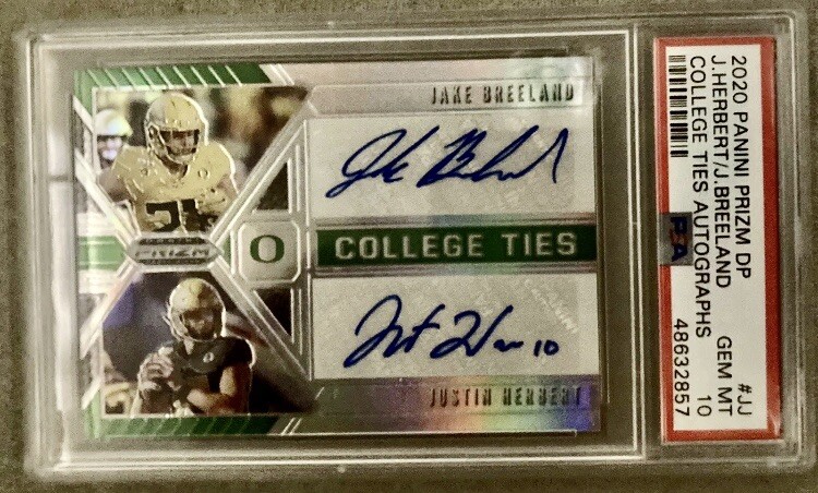2020 Justin Herbert RC PSA 10 Jake Breeland Dual Auto #CTA-JJ Prizm Draft Picks