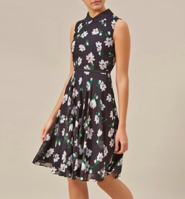 HOBBS FRANCESCA DURCHSICHTIG SCHWARZ GEBLÜMT CHIFFON 50ER JAHRE AUSGESTELLT MIDIKLEID 12 £149 EINMAL