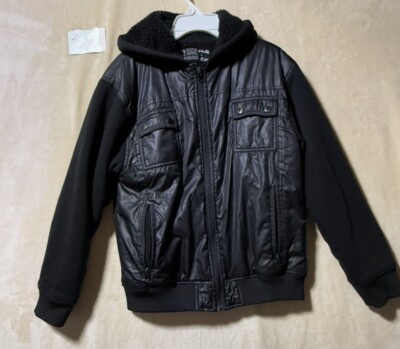 Courage Clothing Co Boys Faux Leather Hooded Jacked Size L 14/16 Black