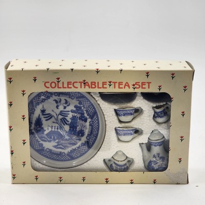 Collectible Miniature Tea Set Blue Chinese Willow Tree Decor with Box Home Decor