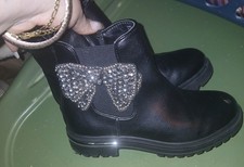Girls Black Ankle Bootie with Rhinestone Bow, Faux Leather, Zip, Size 1