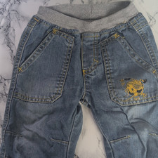 BIRB Baby Denim Jogger Jeans 12M Blue Elastic Waist with Cartoon Patch