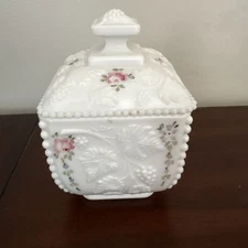 Westmoreland Vintage Grape Milk Glass Beaded Panel Box / Candy Dish W/ Lid- 1940
