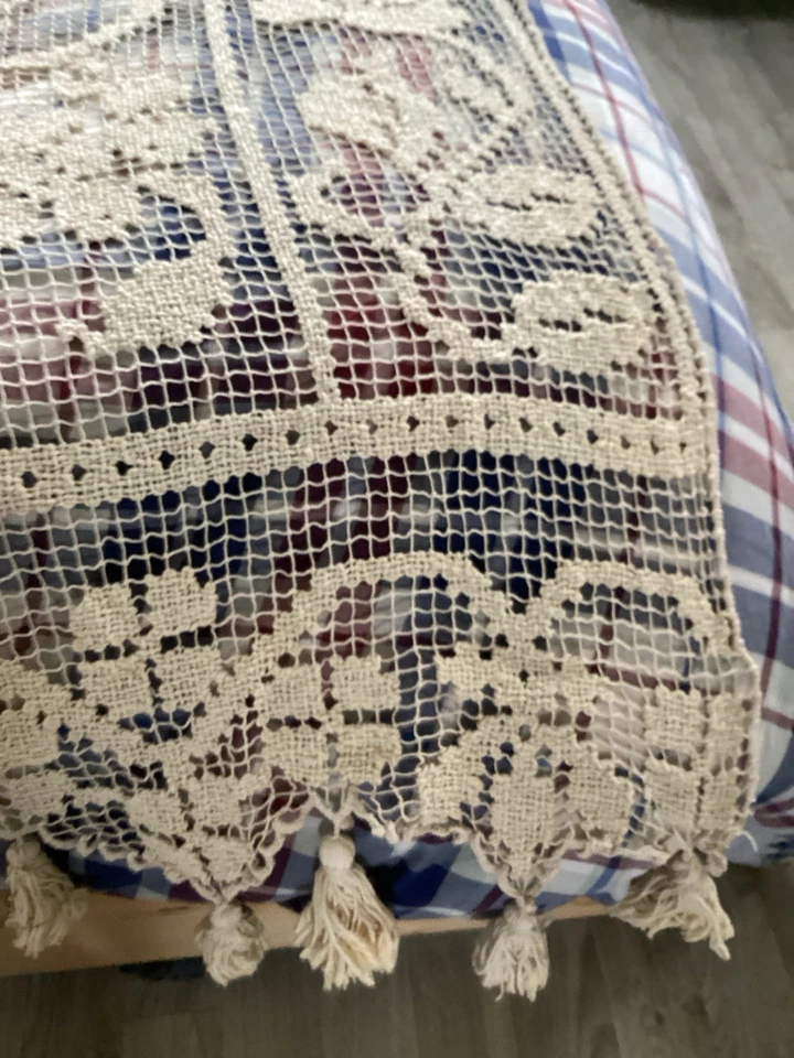 Rideau En Filet Fait Main 125x220 Cm Motif Corbeille De Fleurs 1930 - Photo 4/4