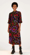NWT FARM Rio Jungle Snake Fruit Midi in Black Apple Puff Sleeve Dress S $195