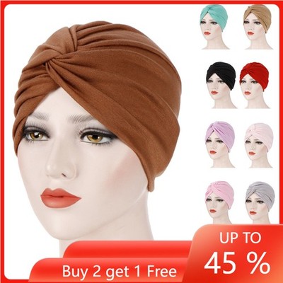 Solid Color Women Muslim Twist Knot Bonnet Hat Turban Hijab Chemo Cap Head Wrap