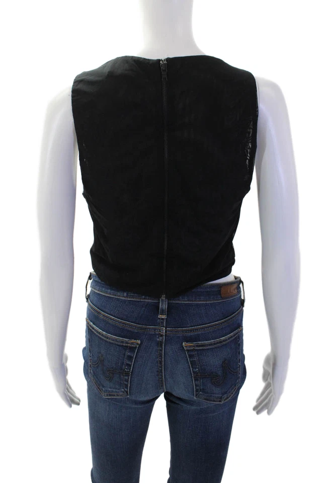 Alice + Olivia Women Cropped Tank Black Lamb Leather Biker Zip Neck Size 8 - Image 3 of 4