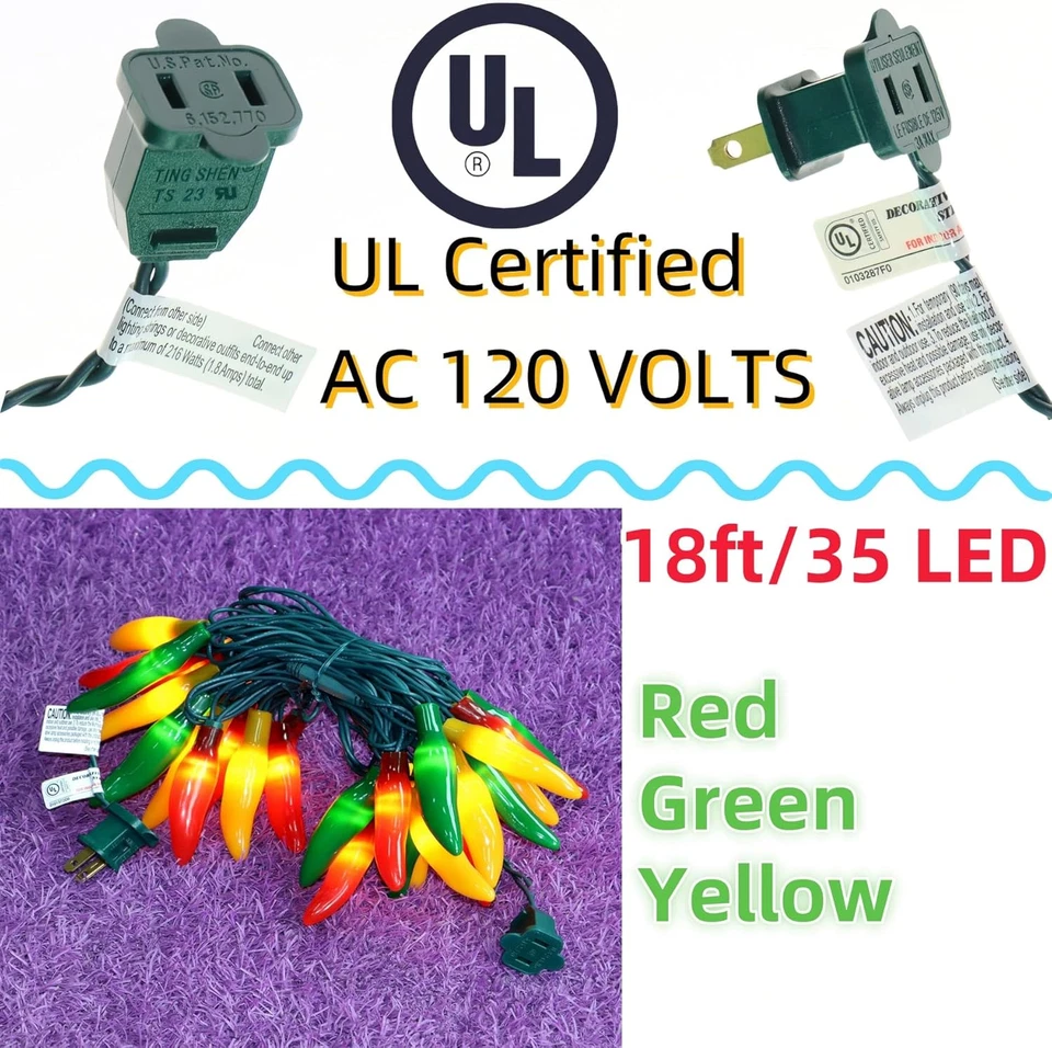 35 LED Red, Green, Yellow Chili Pepper String Lights, 18 Ft, UL Listed - Image 4 of 4